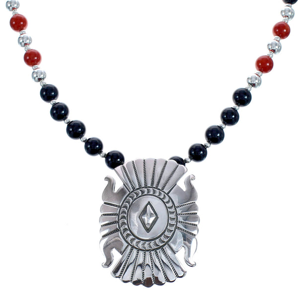 Onyx And Coral Navajo Sterling Silver Bead Necklace With Pendant BX120471
