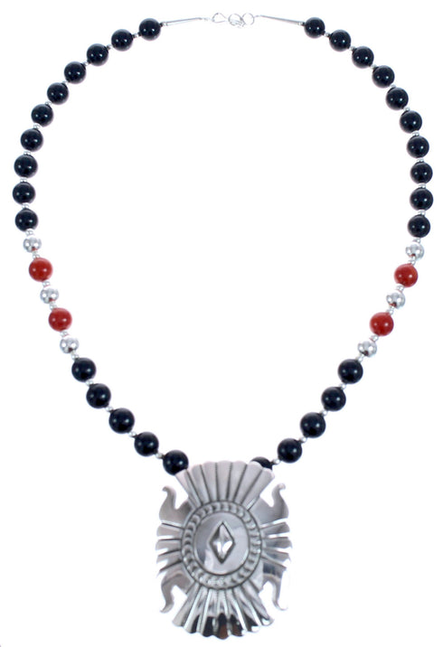Onyx And Coral Navajo Sterling Silver Bead Necklace With Pendant BX120471
