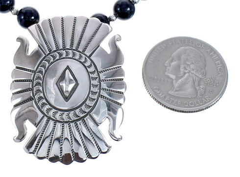 Onyx And Coral Navajo Sterling Silver Bead Necklace With Pendant BX120471