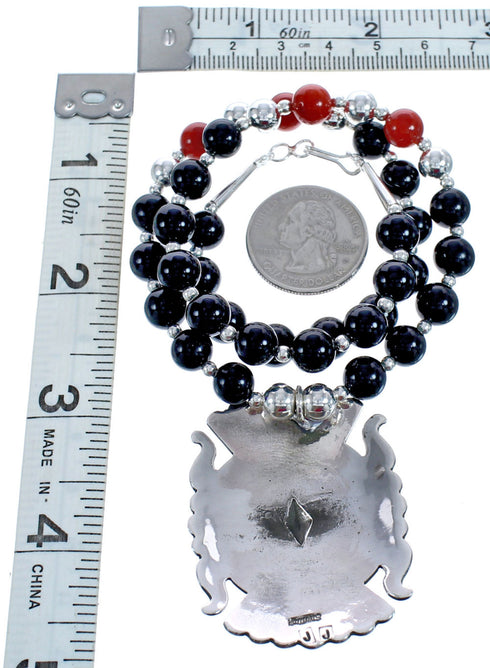 Onyx And Coral Navajo Sterling Silver Bead Necklace With Pendant BX120471