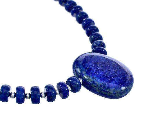 Sterling Silver Lapis Bead Necklace And Pendant KX120895