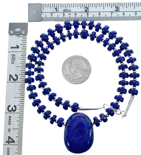 Sterling Silver Lapis Bead Necklace And Pendant KX120895