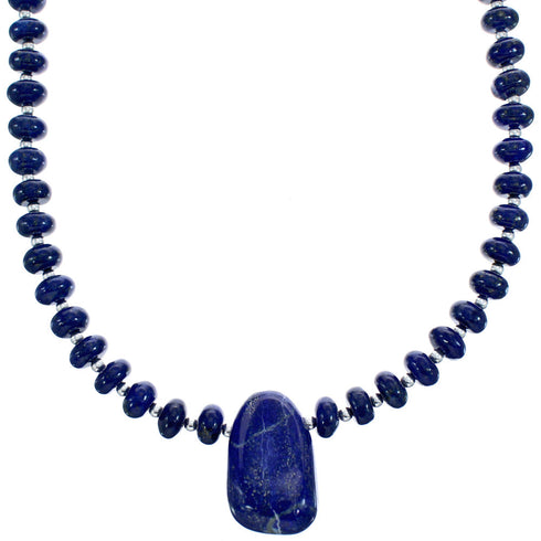 Genuine Sterling Silver Lapis Bead Necklace And Pendant KX120896