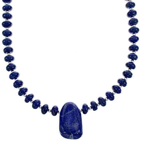 Genuine Sterling Silver Lapis Bead Necklace And Pendant KX120896
