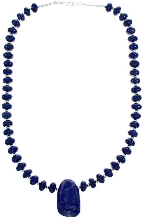 Genuine Sterling Silver Lapis Bead Necklace And Pendant KX120896
