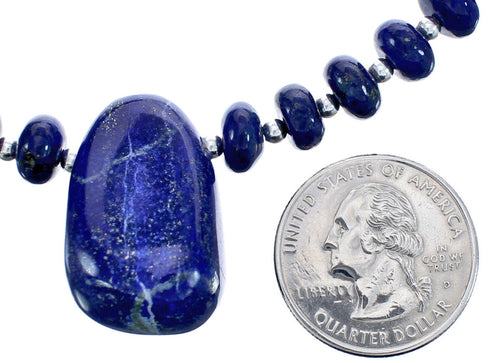 Genuine Sterling Silver Lapis Bead Necklace And Pendant KX120896