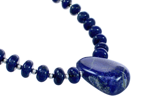 Genuine Sterling Silver Lapis Bead Necklace And Pendant KX120896
