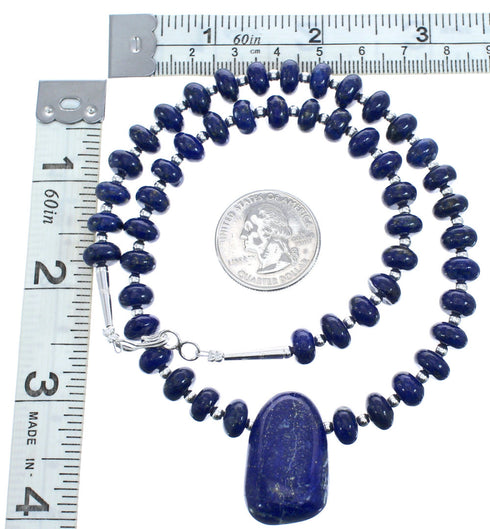 Genuine Sterling Silver Lapis Bead Necklace And Pendant KX120896