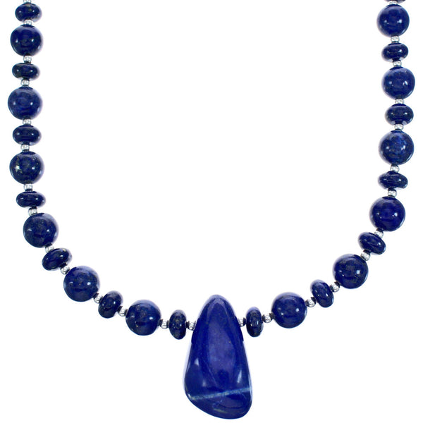 Genuine Sterling Silver Lapis Bead Necklace And Pendant KX120899