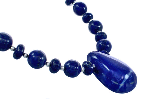 Genuine Sterling Silver Lapis Bead Necklace And Pendant KX120899