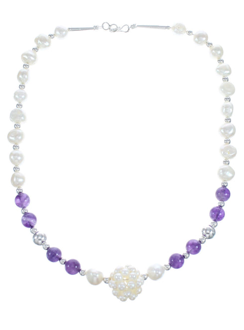 Amethyst Sterling Silver Fresh Water Pearl Bead Necklace KX121307