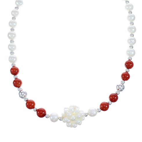 Coral and Fresh Water Pearl Sterling Silver Bead Necklace KX121309
