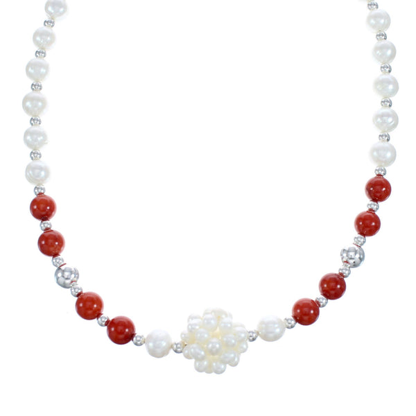 Coral and Fresh Water Pearl Sterling Silver Bead Necklace KX121309