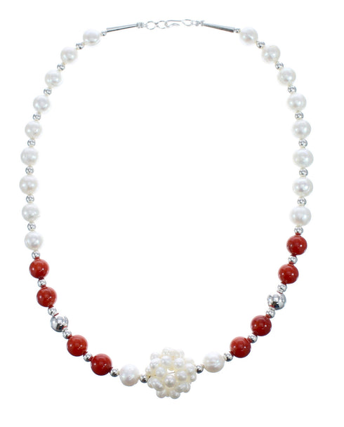 Coral and Fresh Water Pearl Sterling Silver Bead Necklace KX121309