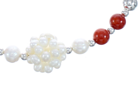 Coral and Fresh Water Pearl Sterling Silver Bead Necklace KX121309