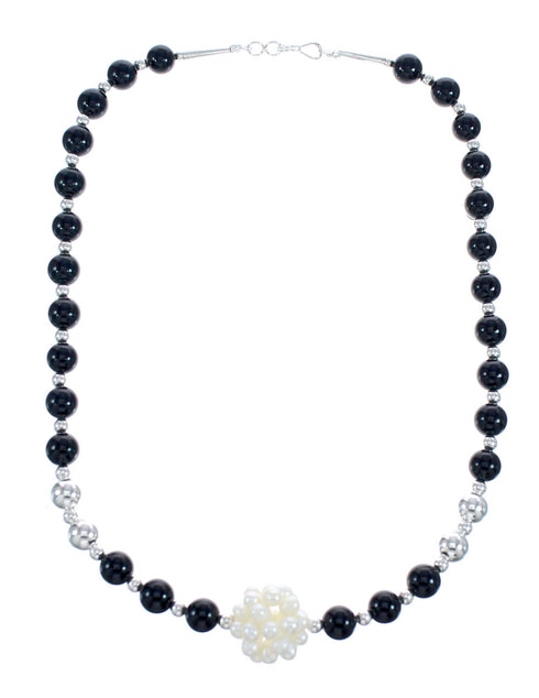 Onyx and Fresh Water Pearl Sterling Silver Bead Necklace KX121311