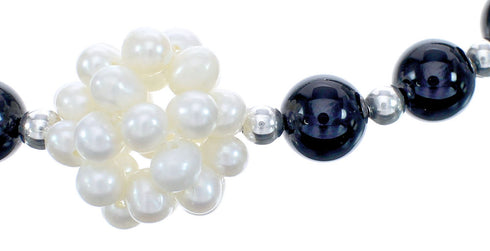 Onyx and Fresh Water Pearl Sterling Silver Bead Necklace KX121311