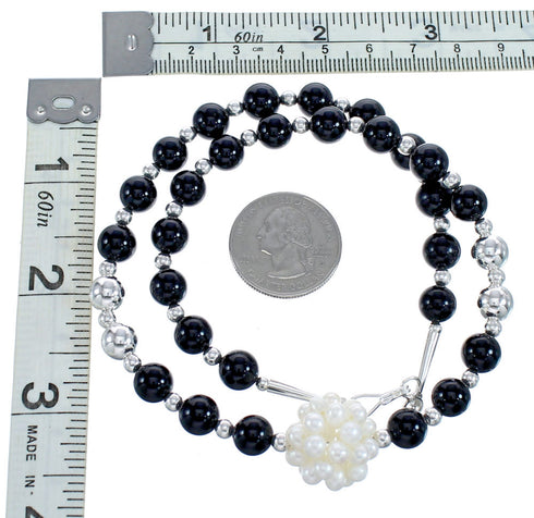 Onyx and Fresh Water Pearl Sterling Silver Bead Necklace KX121311