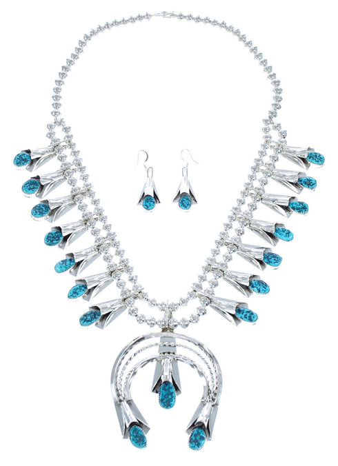 Turquoise Sterling Silver Navajo Squash Blossom Necklace Set KX121335