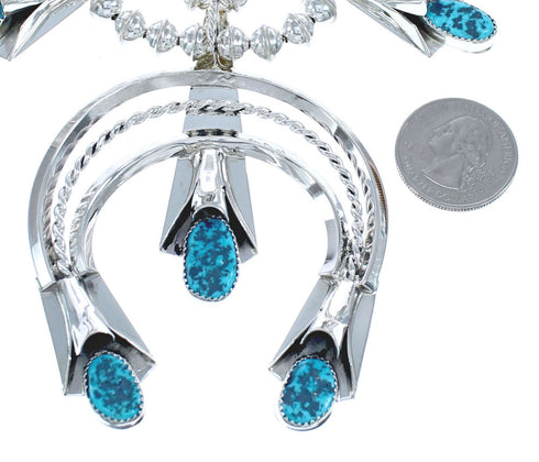Turquoise Sterling Silver Navajo Squash Blossom Necklace Set KX121335