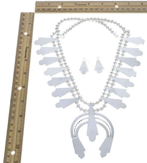 Turquoise Sterling Silver Navajo Squash Blossom Necklace Set KX121335