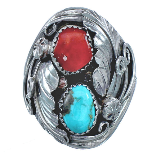 Authentic Sterling Silver Navajo Turquoise Coral Leaf Design Ring Size 11-1/2 AX121444