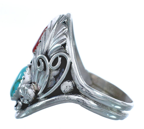 Authentic Sterling Silver Navajo Turquoise Coral Leaf Design Ring Size 10-3/4 AX121441