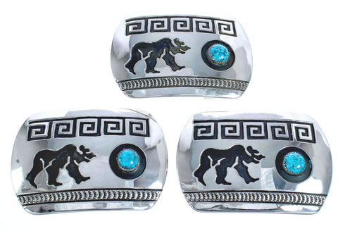 Native American Navajo Sterling Silver Turquoise Water Wave Bear Belt Buckle JX121892