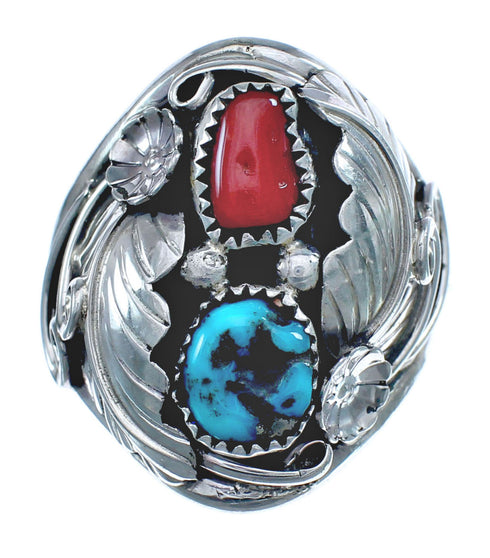 Authentic Sterling Silver Navajo Turquoise Coral Leaf Design Ring Size 11 AX122073