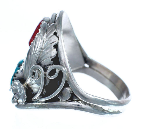 Authentic Sterling Silver Navajo Turquoise Coral Leaf Design Ring Size 11-1/4 AX122075