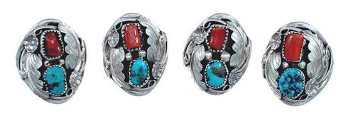 Authentic Sterling Silver Navajo Turquoise Coral Leaf Design Ring Size 11-3/4 AX122076