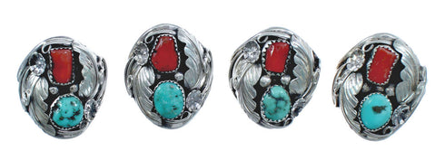 Authentic Sterling Silver Navajo Turquoise Coral Leaf Design Ring Size 11-1/2 AX122090