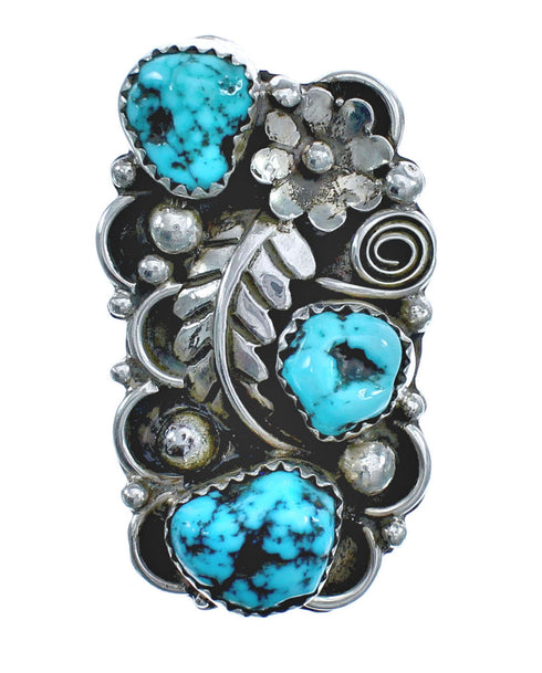 Native American Sterling Silver Turquoise Flower and Leaf Ring Size 8-1/2 JX122115