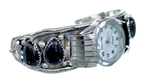 Native American Flower Onyx Sterling Silver Cuff Watch AX122681