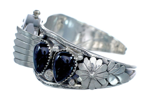 Native American Flower Onyx Sterling Silver Cuff Watch AX122681