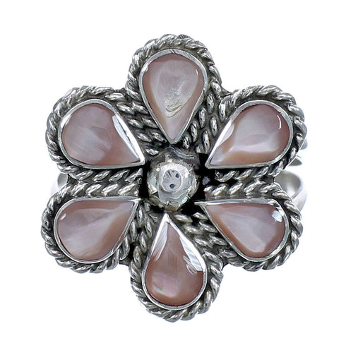 Native American Mother of Pearl Flower Authentic Sterling Silver Ring Size 8-3/4 JX122358