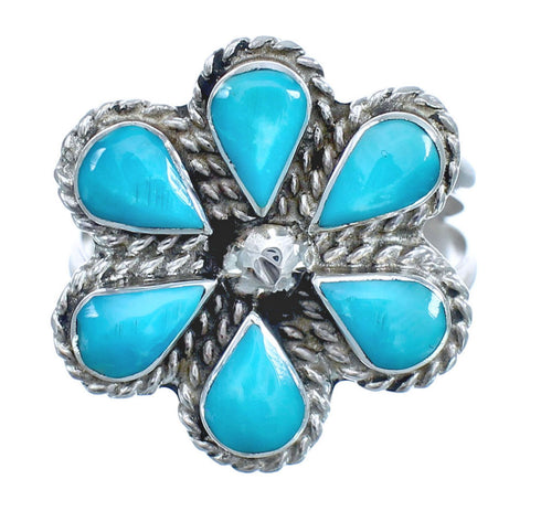 Native American Turquoise Flower Authentic Sterling Silver Ring Size 7-3/4 JX127097