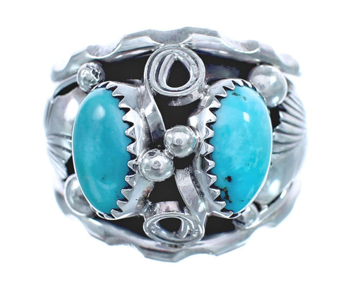 Native American Leaf Sterling Silver And Turquoise Ring Size 9-1/2 JX122624