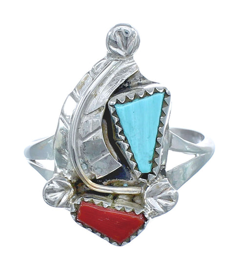 Native American Zuni Coral Turquoise Ring Size 8-1/4 AX122314