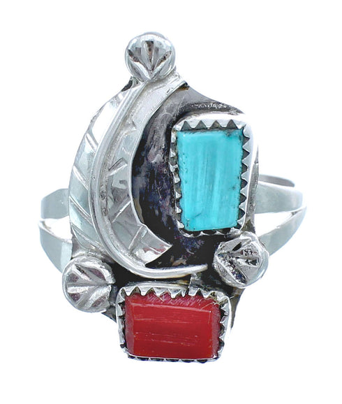 Zuni Turquoise And Coral Genuine Sterling Silver Feather Ring Size 7-3/4 AX122375