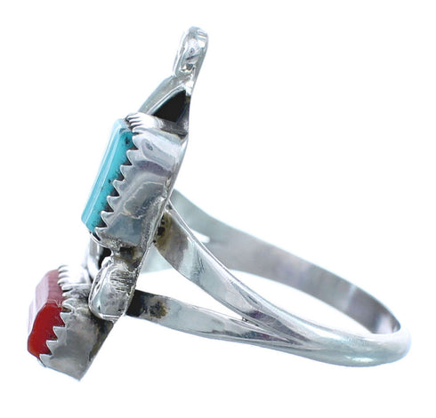 Zuni Turquoise And Coral Genuine Sterling Silver Feather Ring Size 7-3/4 AX122375