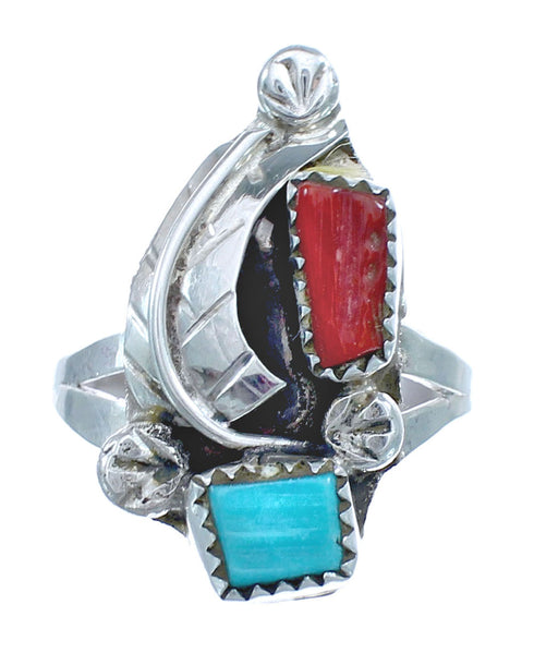 Zuni Turquoise And Coral Genuine Sterling Silver Feather Ring Size 6-3/4 AX122377
