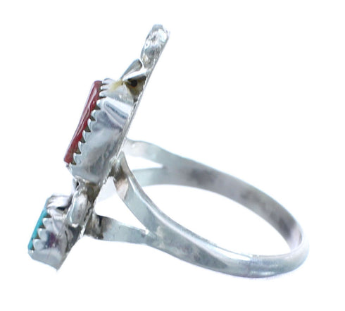 Zuni Turquoise And Coral Genuine Sterling Silver Feather Ring Size 6-3/4 AX122377