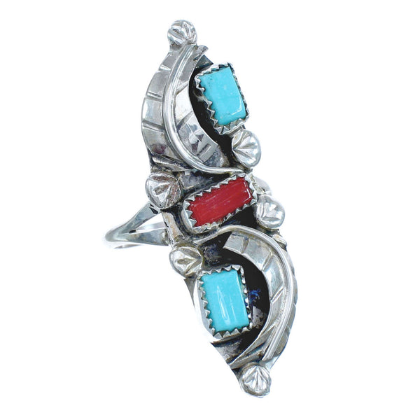 Authentic Sterling Silver Navajo Turquoise Coral Leaf Design Ring Size 7-1/4 AX122442