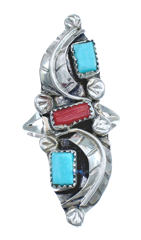 Authentic Sterling Silver Navajo Turquoise Coral Leaf Design Ring Size 7-1/4 AX122442