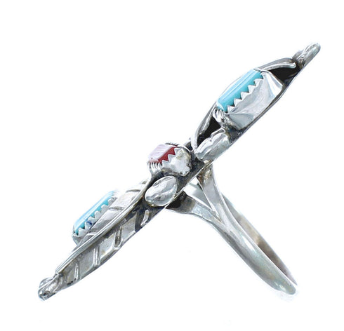 Authentic Sterling Silver Navajo Turquoise Coral Leaf Design Ring Size 7-1/4 AX122442