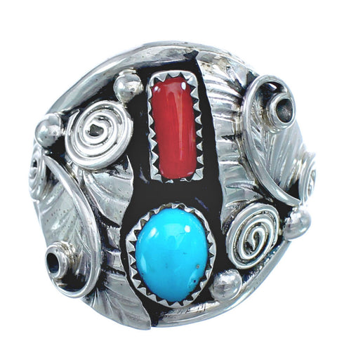 Navajo Turquoise And Coral Sterling Silver Leaf Ring Size 12 AX122346