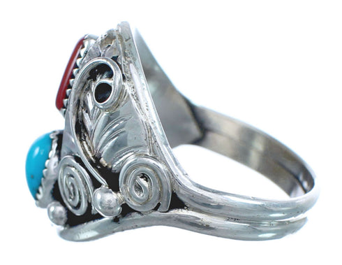 Navajo Turquoise And Coral Sterling Silver Leaf Ring Size 12 AX122346