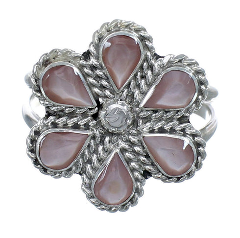 Native American Pink Mother of Pearl Silver Flower Ring Size 9-1/2 AX122453