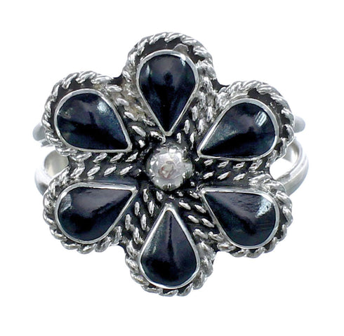 Native American Onyx Silver Flower Ring Size 9-1/2 AX122460